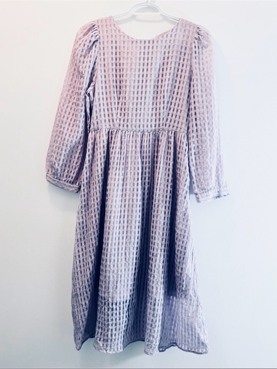 LOOWO Other - LOOWÔ Mauve Grid Gingham Textured Puff Sleeve Midi Dress M Cottagecore